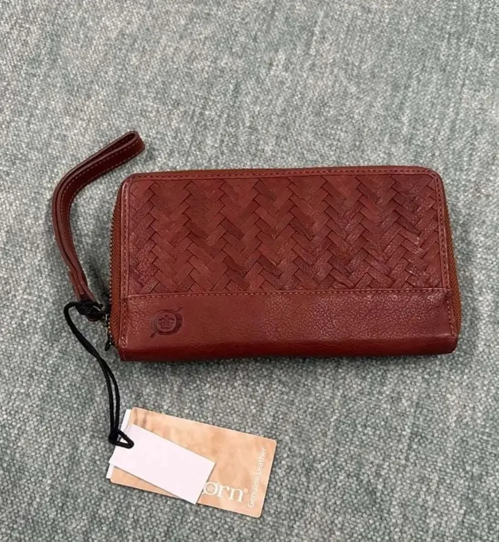 Born Balino Woven Leather Wristlet Wallet Saddle Dual Zip